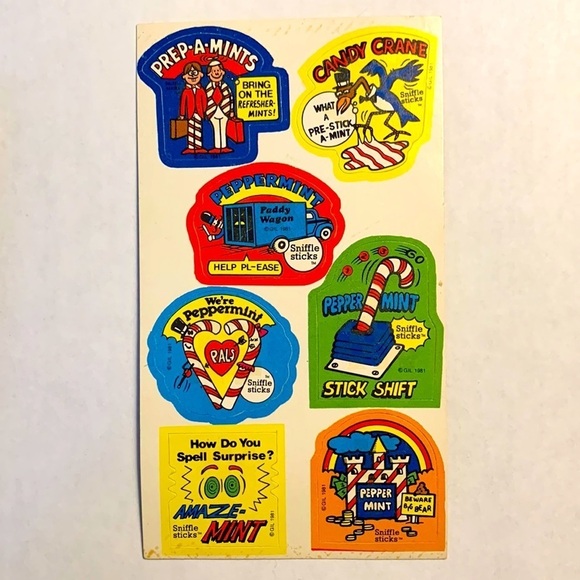 Vintage 80’s GIL Sniffle Sticks Scratch & Sniff Stickers - PEPPERMINT - Rare - Picture 2 of 8